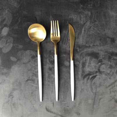 Cutlery Set-Gold w/ White Handle