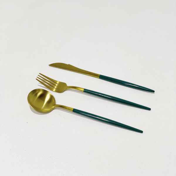 Cutlery Set Of 3-Gold w/Green Handle