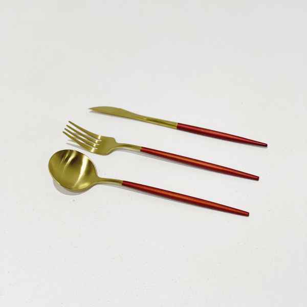 Cutlery Set Of 3-Gold w/Red Handle