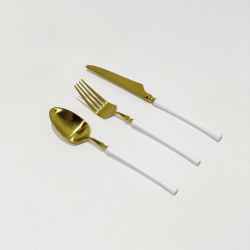 Cutlery Set Of 3-Gold w/White Handle