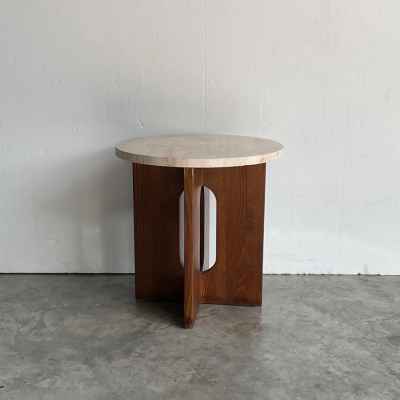 Travertine Side Table w/  Wooden Base